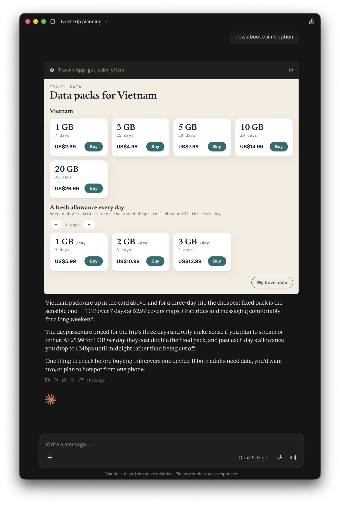 Travolp’s data-pack widget rendering inside a Claude conversation: fixed packs and daily plans for Vietnam with Buy buttons.