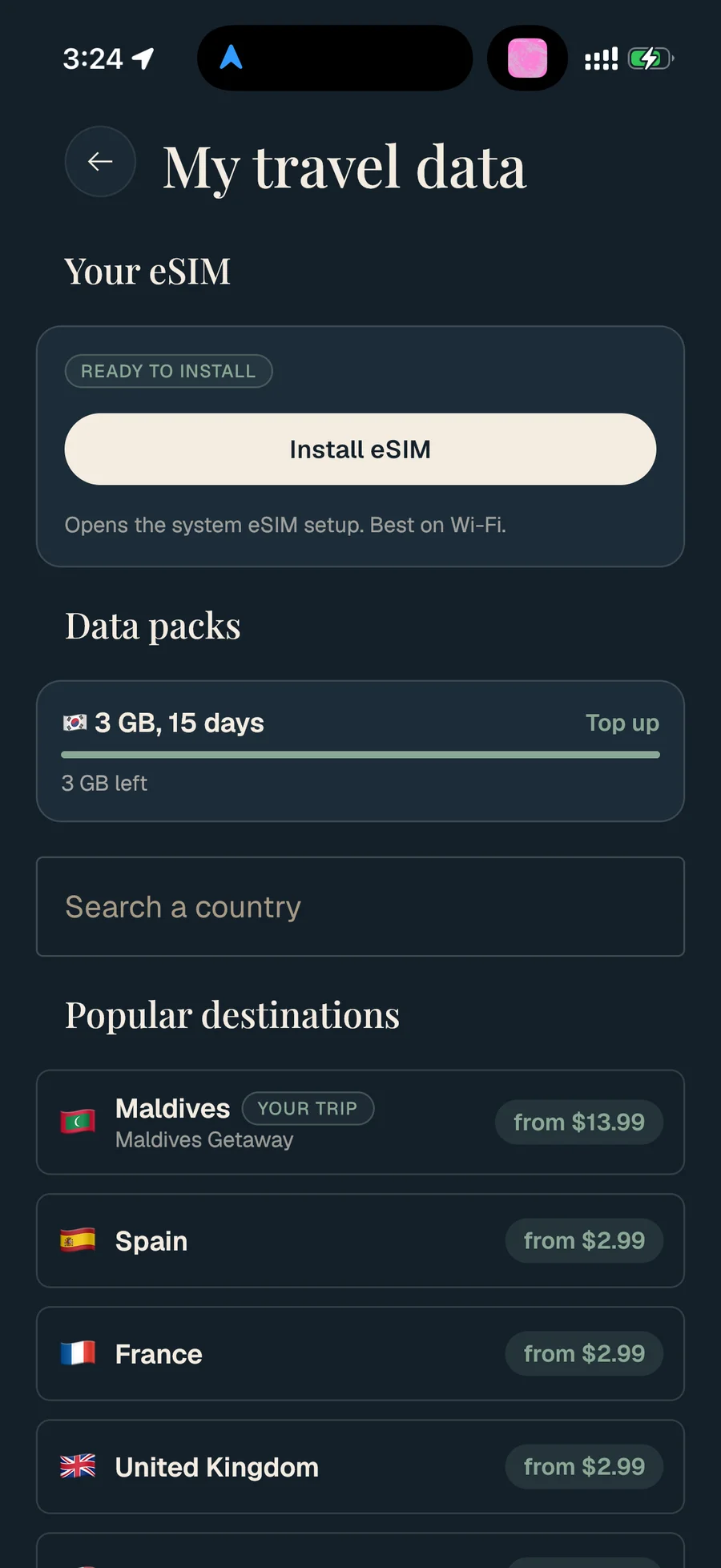 Travolp’s My travel data screen: an eSIM ready to install with one tap, a live data meter on a 3 GB pack, and destination prices.