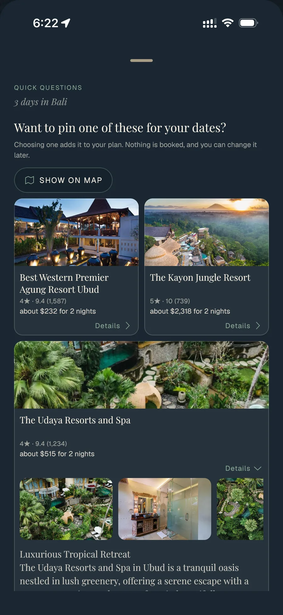 Bookable hotel cards with live prices inside Travolp’s trip planning flow, offering to pin one to the plan.