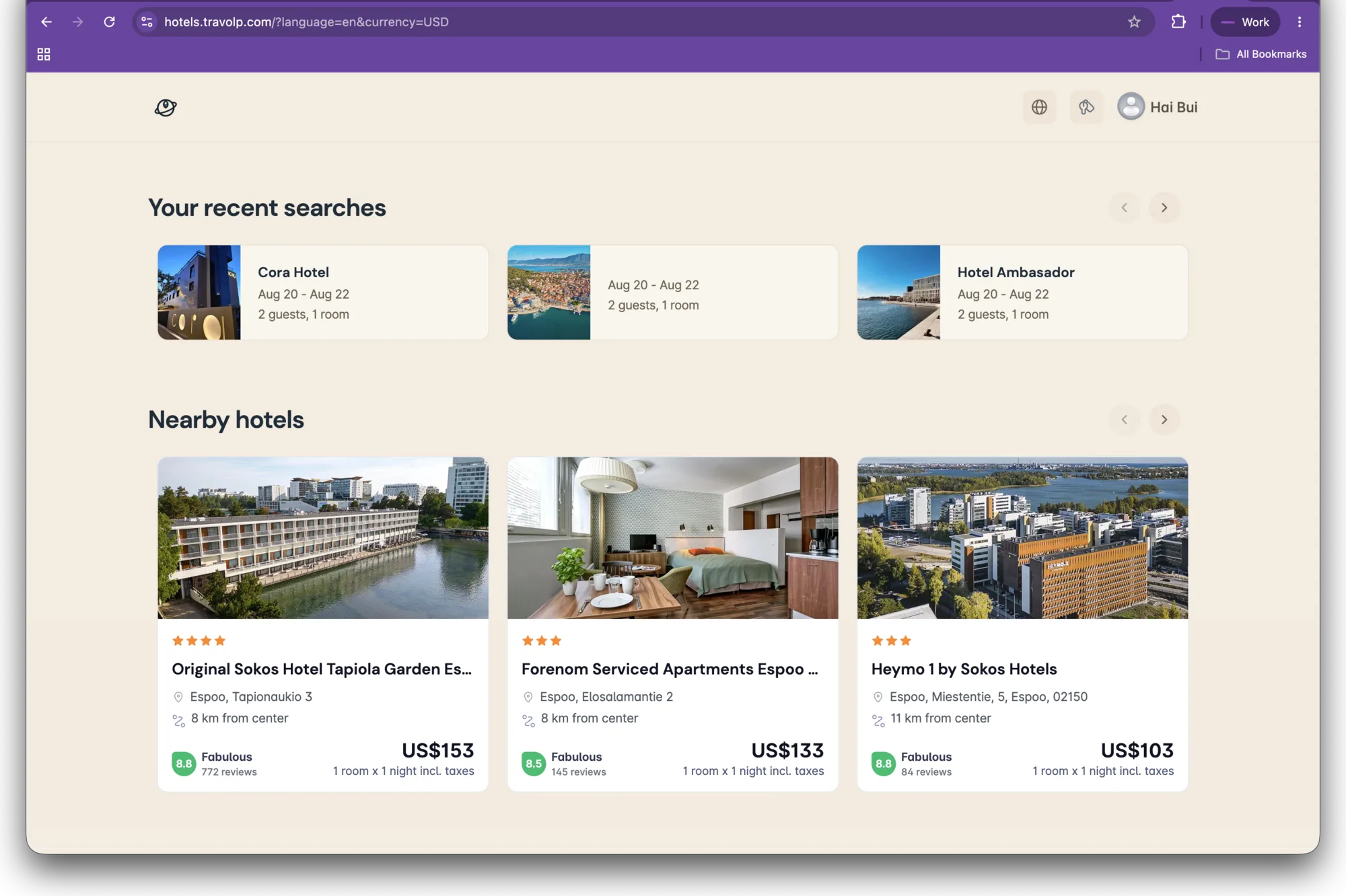 The whitelabel hotel storefront on hotels.travolp.com, signed in, showing recent searches and nearby hotels with rates.