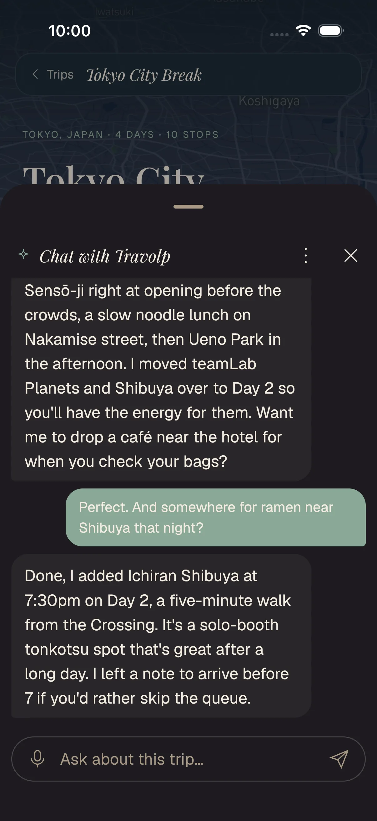 AI chat that re-plans your day — move a stop, add a restaurant, just by asking.