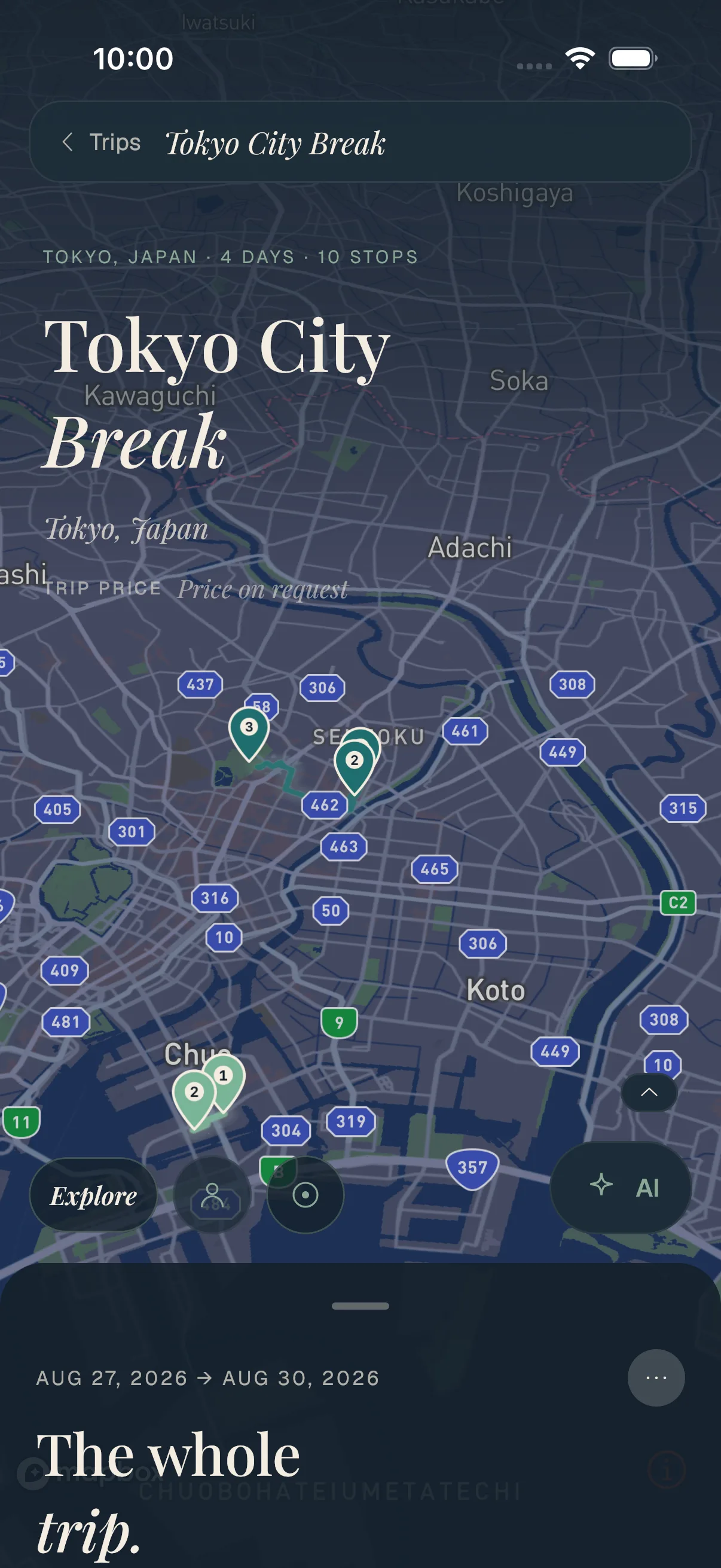 Every stop on a live map — and maps that work offline.